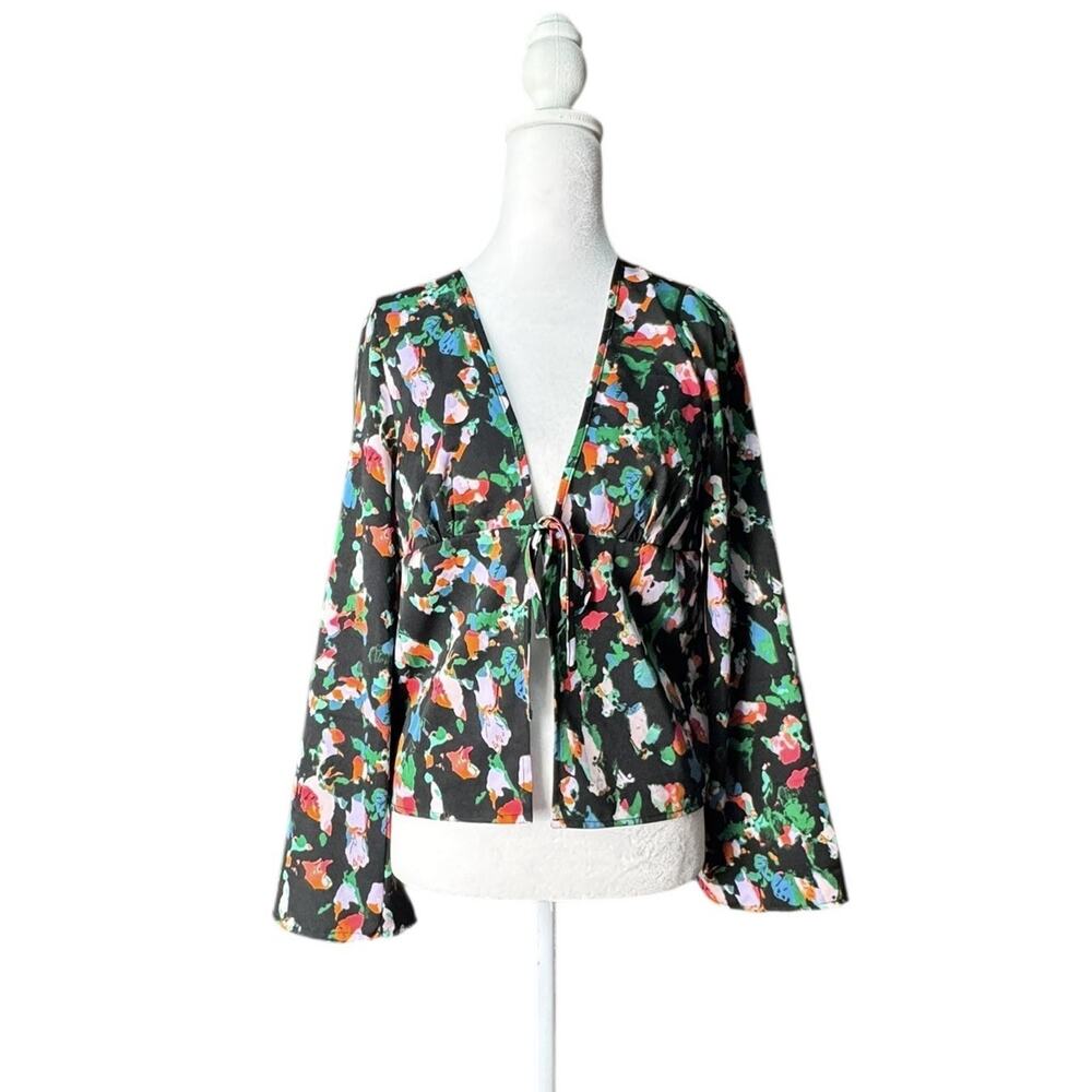 Open Edit Bell Sleeve Tie Front Top Black Multicolor Artsy Boho Flowy Sz S